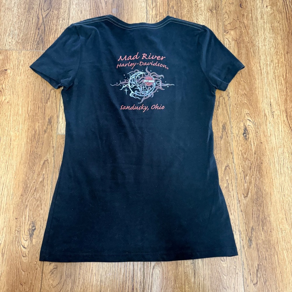 Harley Davidson Black Mad River Sandusky Ohio Moon Graphic T-Shirt Womens M - Picture 2 of 9